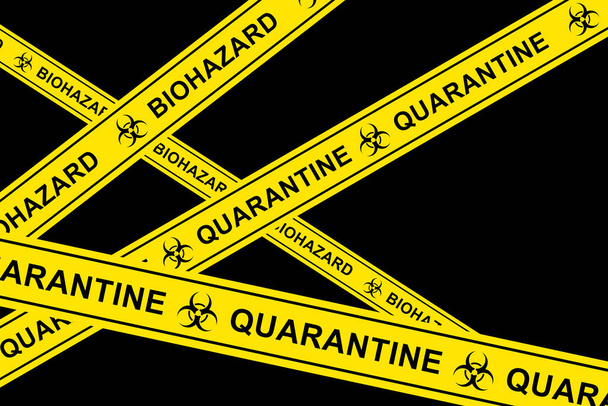Yellow barricade tape with different warnings about COVID-19 quarantine on black background - Фото, изображение