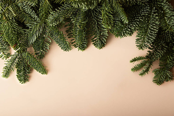 Beige horizontale achtergrond met rand gemaakt van kerstboom takken.Kopieer ruimte voor tekst, feestelijke natuurlijke lay-out. - Foto, afbeelding