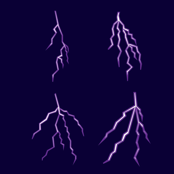 Illustration with purple white lightning collection isolated on purple background. Set of lightnings. Thunderstorm electricity discharge. Lightning bolts realistic vector illustrations set. - Vector, Image