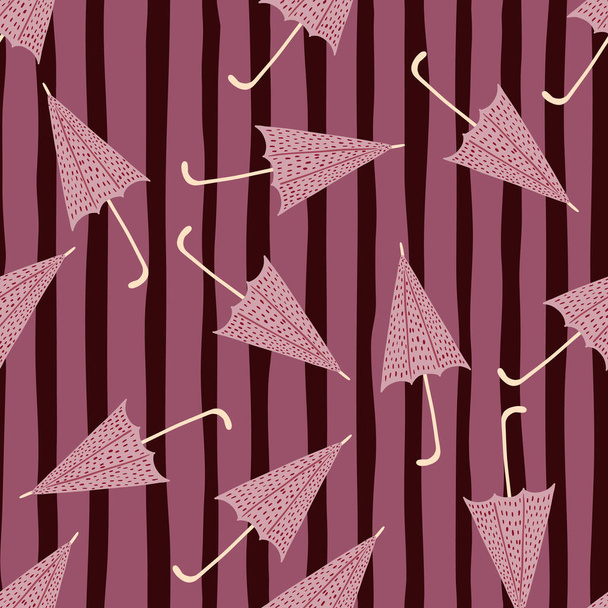 Zufällige nahtlose Muster mit cartoon rosa Regenschirmen. Hell gestreifter Hintergrund. Dekorativer Hintergrund für Stoffdesign, Textildruck, Verpackung, Einband. Vektorillustration. - Vektor, Bild