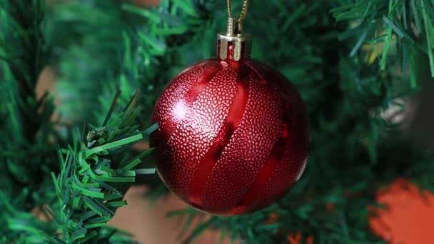 Bola de decoración de Navidad en un árbol de Navidad, enfoque selectivo - Metraje, vídeo
