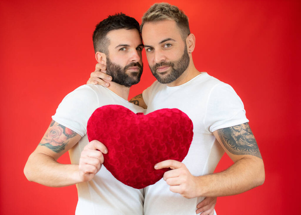 Happy gay couple in casual clothes holding a heart cushion over red background. - Foto, Bild
