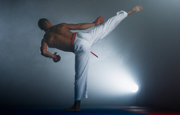 Dövüş konsepti. Kimonolu dövüşçü. Dövüş pozisyonunda karateci. Savaşmaya devam - Fotoğraf, Görsel