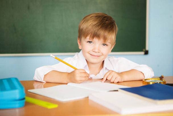 Kleiner süßer Junge in der Schule schreibt in ein Notizbuch und blickt in die Kamera - Foto, Bild