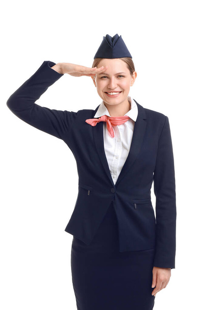 Beautiful stewardess on white background - Фото, изображение
