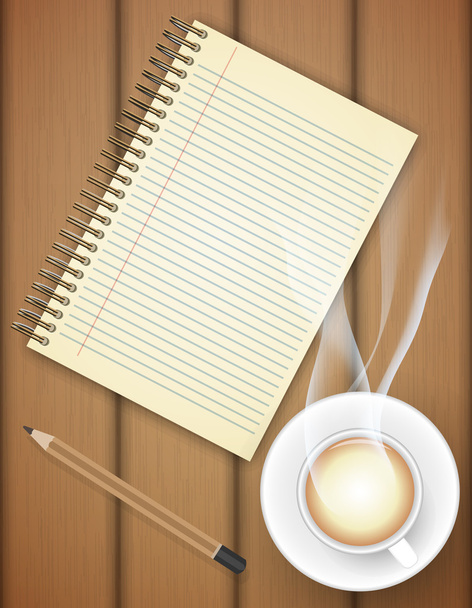 Blank notebook with coffee cup on table- Vector - Vector, Imagen