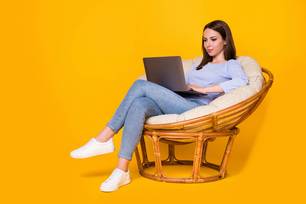 Profile side view of her she nice attractive pretty focused experienced skilled girl sitting in wicker chair work worker job using web isolated bright vivid shine vibrant yellow color background - Fotoğraf, Görsel