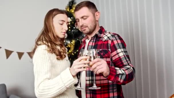 άνδρας και γυναίκα κρατώντας ένα ποτήρι σαμπάνια και αγκαλιασμένοι - Πλάνα, βίντεο