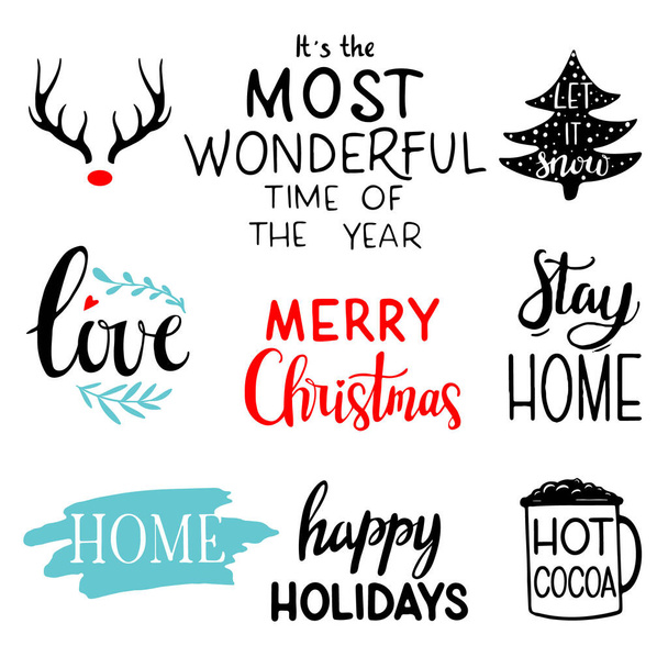 クリスマスレタリングセット。手は冬休みにレタリングを描いた。バッジの刻印がある。クリスマスの書道セット:その年の最も素晴らしい時間,愛,家にいます,メリークリスマス,ホーム,ホットココア,雪を聞かせ - ベクター画像