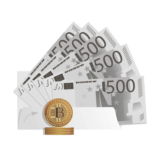 Bitcoin 、 500ユーロ。ネットワーク取引暗号通貨。ユーロ紙幣の前に立っている金貨。新しい仮想通貨の概念。ビジネスプロジェクト。ベクターイラスト - ベクター画像