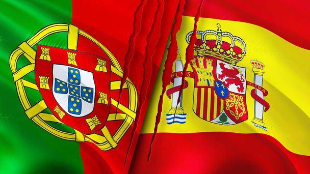 Portugalsko a Španělsko vlajky s koncepcí jizvy. Vlnění vlajky, 3D vykreslování. Koncept konfliktu mezi Portugalskem a Španělskem. Portugalsko Španělsko - koncept vztahů. vlajka Portugalska a Španělska krize, válka, útok konjunktura - Fotografie, Obrázek