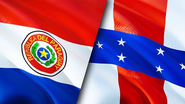 パラグアイとオランダアンティル諸島の旗。3D波動旗のデザイン。パラグアイオランダアンティル国旗,写真,壁紙.パラグアイ対オランダアンティルの画像、 3Dレンダリング。パラグアイ｜オランダ - 写真・画像