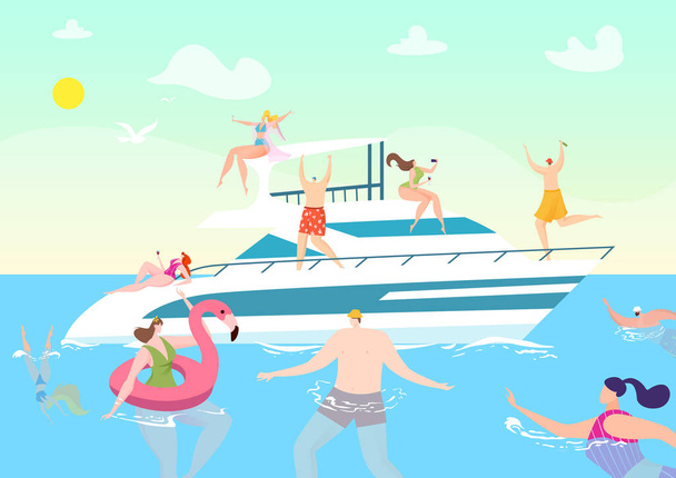 Summer boat travel at vacation, people at ocean yacht cruise vector illustration. Luxury ship party at sea, man woman character - Vettoriali, immagini