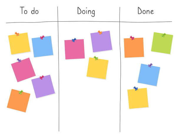 Kanban bestuur met blanco plakkerige notities voor het schrijven van taak. Agile projectmanagement, taakplanning en het opstellen van een lijst. - Vector, afbeelding