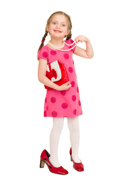 dziewczynka w czerwonej sukience na biały - Zdjęcie, obraz