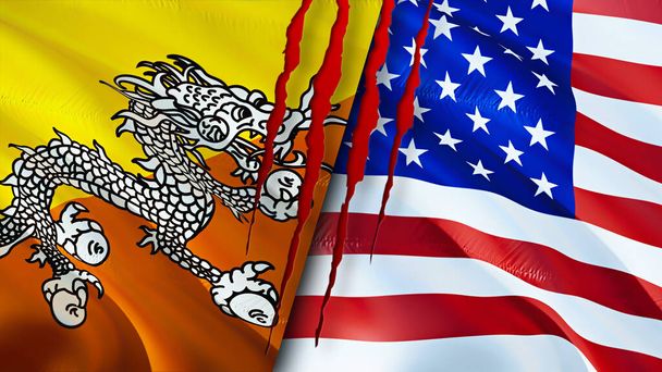 Bhutan and United States flags with scar concept. Waving flag,3D rendering. Bhutan and United States conflict concept. Bhutan United States relations concept. flag of Bhutan and United State - Photo, Image