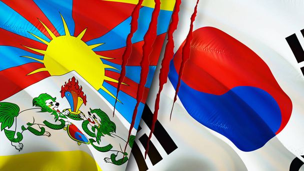 Bandiere Tibet e Corea del Sud. Progettazione bandiera sventolante 3D. Tibet Corea del Sud bandiera, foto, carta da parati. Immagine Tibet vs Corea del Sud, rendering 3D. Tibet Corea del Sud relazioni alleanza e commercio, viaggi, turismo - Foto, immagini