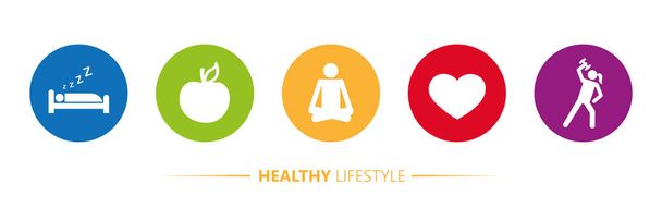 ícones de estilo de vida saudável sono maçã ioga coração esporte - Vetor, Imagem