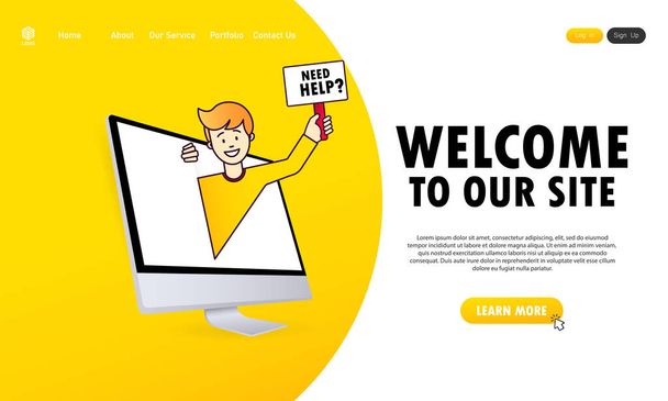Man peeks out computer and holds the sign that asks Need Help. Support service. Website. Welcome to our site. Vector, illustration. - Διάνυσμα, εικόνα