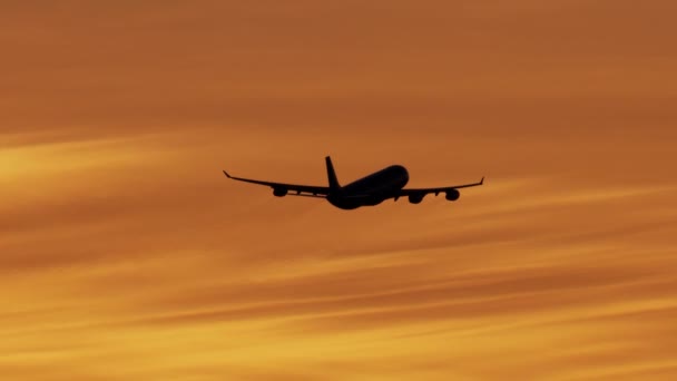 Vue aérienne silhouette d'avion au coucher du soleil Los Angeles - Séquence, vidéo