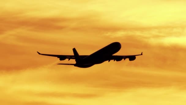 Antenni auringonlasku näkymä lentävät lentokoneiden siluetti Los Angeles - Materiaali, video