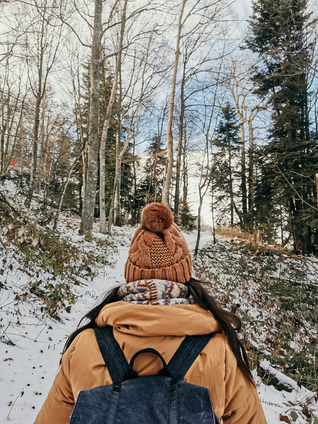 A vertical shot of a woman with a backpack and winter clothes in the forest - Foto, imagen