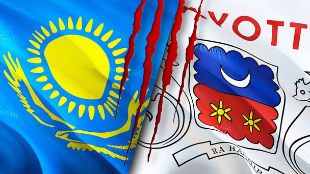 Kazahsztán és Mayotte zászlók sebhely koncepcióval. Lengő zászló, 3D-s renderelés. Kazahsztán és Mayotte konfliktus koncepció. Kazahsztán Mayotte kapcsolatok koncepciója. zászló Kazahsztán és Mayotte válság, háború - Fotó, kép