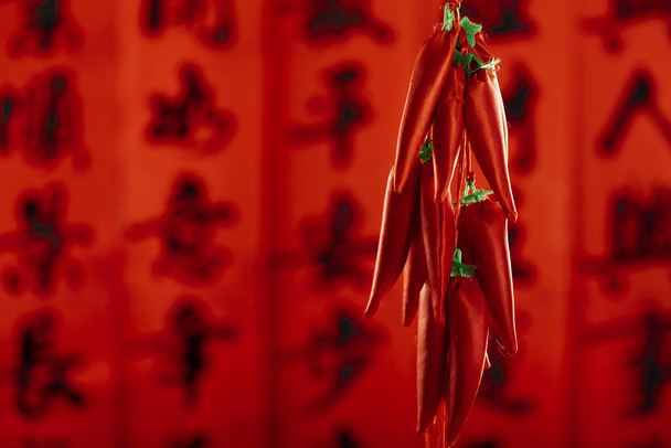 A selective focus shot of a Chinese New Year red decoration with hot chili peppers on the red background with Chinese hieroglyphs - 写真・画像
