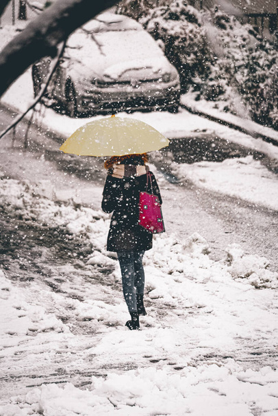 A vertical shot of a lady walking with an umbrella on a snowy day - Zdjęcie, obraz