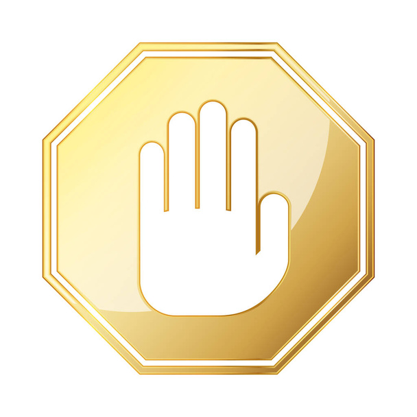 Detener icono de mano. Ilustración vectorial oro. Símbolo de advertencia de oro sobre fondo blanco - Vector, Imagen
