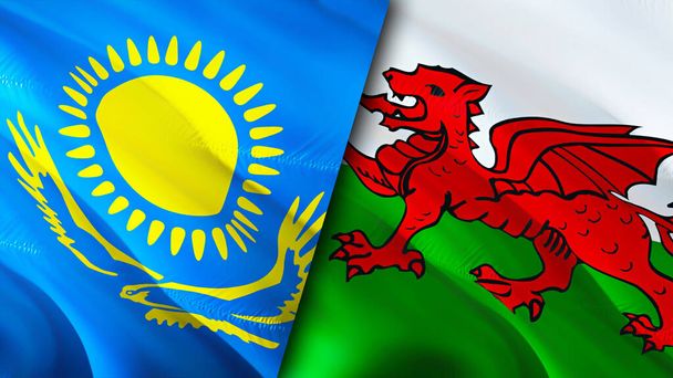 Vlaggen van Kazachstan en Wales. 3D Waving vlag ontwerp. Kazachstan Wales vlag, foto, behang. Kazachstan vs Wales imago, 3D weergave. Kazachstan Wales betrekkingen alliantie en Handel, reizen, touris - Foto, afbeelding