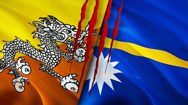 Bhutan ja Nauru liput arpi käsite. Vilkuttava lippu, 3D-renderöinti. Bhutanin ja Naurun konfliktin käsite. Bhutan Nauru suhteet käsite. Bhutanin ja Naurun kriisi, sota, hyökkäys concep - Valokuva, kuva
