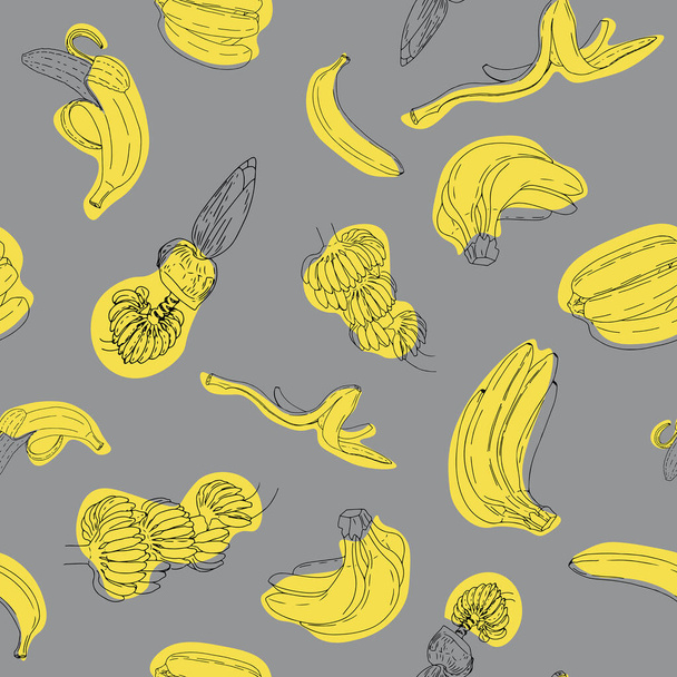 Handgezeichnetes nahtloses Muster mit Bananen auf Leuchtgelb. Vektor-Illustration, isoliert auf ultimativem grauen Hintergrund. - Vektor, Bild