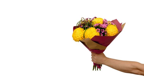 Männliche Hand hält einen üppigen Strauß gelber und pinkfarbener Chrysanthemen isoliert auf weißem Hintergrund mit Kopierraum. Weihnachtskarte. Happy Valentine Day 14. Februar. Heiratsantrag. Frauentag. Geburtstag. - Foto, Bild