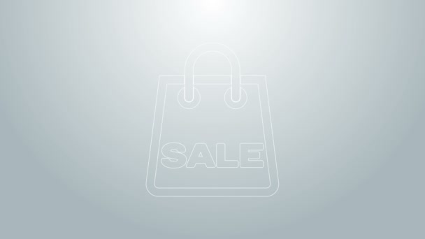 Línea azul Bolsa de compras con inscripción Icono de venta aislado sobre fondo gris. Señal de bolso. Icono de bolsa de mujer. Señal de bolso femenino. Animación gráfica de vídeo 4K - Metraje, vídeo
