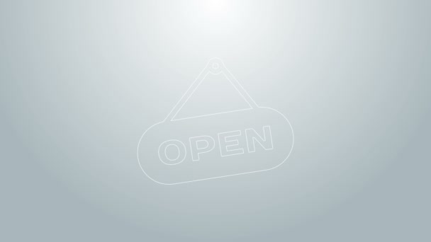 Modrá čára Závěsná značka s textem Ikona otevřených dveří izolovaná na šedém pozadí. Grafická animace pohybu videa 4K - Záběry, video