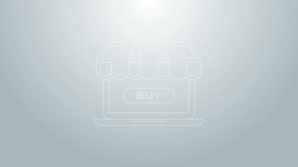 Modrá linka Online nákupní koncept. Koupit na obrazovce notebook ikona izolované na šedém pozadí. Koncepce e-commerce, online business marketing. Grafická animace pohybu videa 4K - Záběry, video