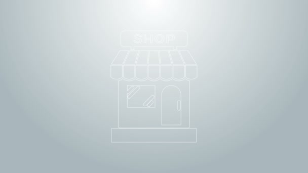 Ligne bleue Immeuble commercial ou icône de magasin de marché isolé sur fond gris. Construction de magasins. Animation graphique de mouvement vidéo 4K - Séquence, vidéo