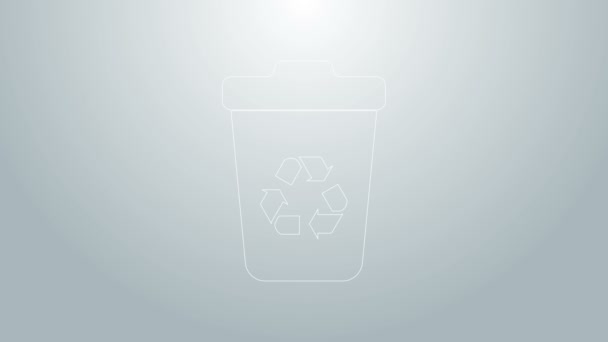 Línea azul Papelera de reciclaje con icono de símbolo de reciclaje aislado sobre fondo gris. Icono de bote de basura. Cartel de basura. Reciclar signo de cesta. Animación gráfica de vídeo 4K - Metraje, vídeo