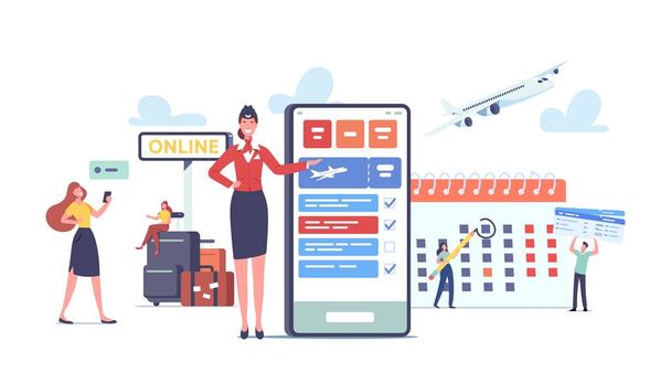 App pour Touristes Concept. Happy Characters Go Travel Booking Avion Tickets Utilisation de téléphone mobile. Passagers avec bagages - Vecteur, image