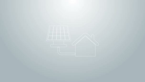 Blaue Linie Haus mit Solarpanel-Symbol isoliert auf grauem Hintergrund. Ökologie, solare erneuerbare Energien. Umweltfreundliches Haus. Umweltschutz. 4K Video Motion Grafik Animation - Filmmaterial, Video