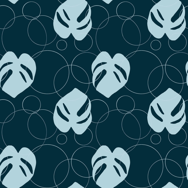A seamless pattern with leaves and circles on a dark green background - Фото, изображение