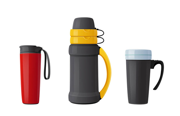 Set of Thermo Mugs, Vacuum Flask Tumblers or Bottles for Drink Keep Hot. Metal Bottled Containers or Aluminum Cups - Vector, Imagen