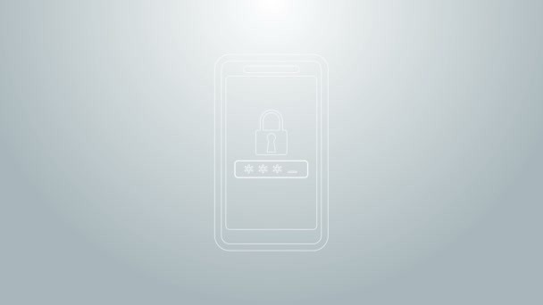Blaue Linie Mobiltelefon und Passwortschutzsymbol isoliert auf grauem Hintergrund. Sicherheit, persönlicher Zugang, Benutzerberechtigung, Privatsphäre. 4K Video Motion Grafik Animation - Filmmaterial, Video