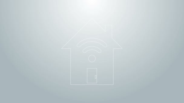 Blauwe lijn Smart home met wi-fi icoon geïsoleerd op grijze achtergrond. Afstandsbediening. 4K Video motion grafische animatie - Video