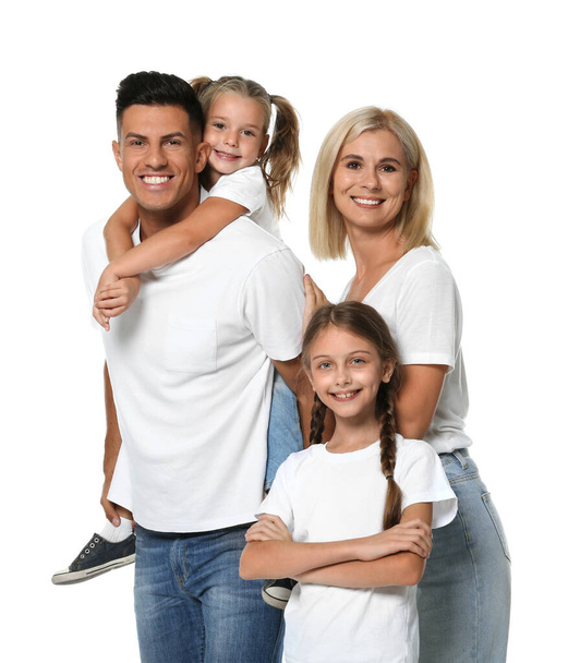 Portrait of happy family on white background - Fotó, kép