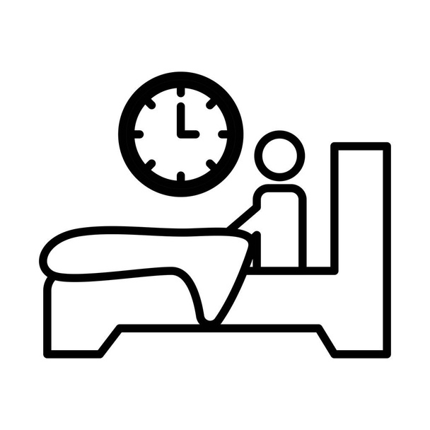 человек в постели с бессонницей и иконой в стиле часов - Вектор,изображение