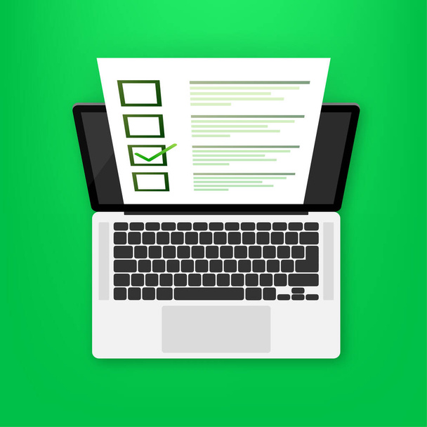 Laptop com exame on-line sobre fundo verde. Ilustração vetorial. - Vetor, Imagem