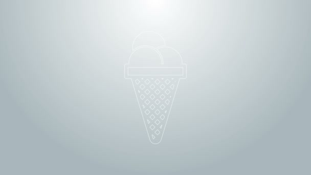Gri arka planda izole edilmiş Waffle koni ikonunda mavi çizgi dondurma. Güzel sembol. 4K Video hareketli grafik canlandırması - Video, Çekim