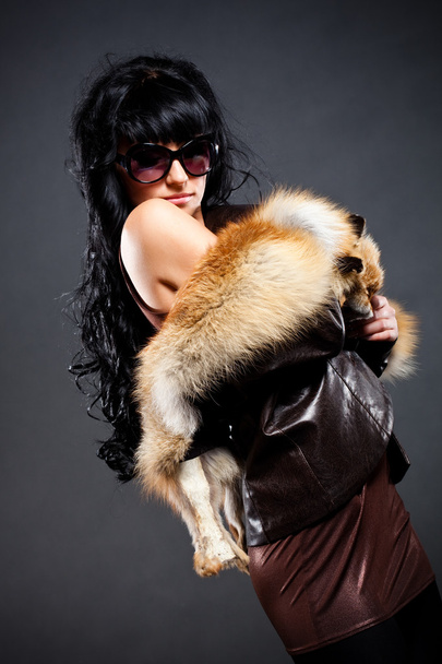 Woman posing wearing leather jacket - Zdjęcie, obraz